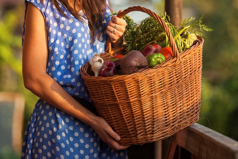 woman holding basket with vegetables 