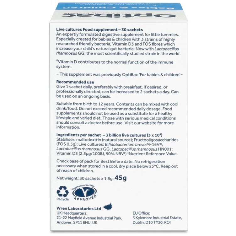 Optibac Probiotics UK | Babies & Children | back of pack | 30 sachets